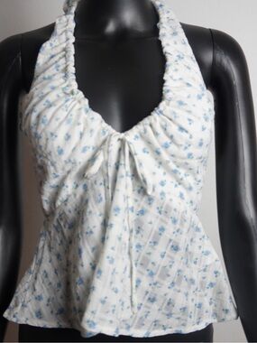 Beverly and Beck - White Floral Halter Crop Top with Blue Print